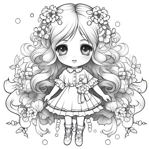 A black and white illustration of a girl with curly hair and flowers in her hair