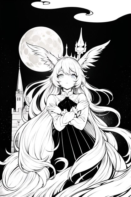 A black and white illustration of a girl with wings and a moon on the background.