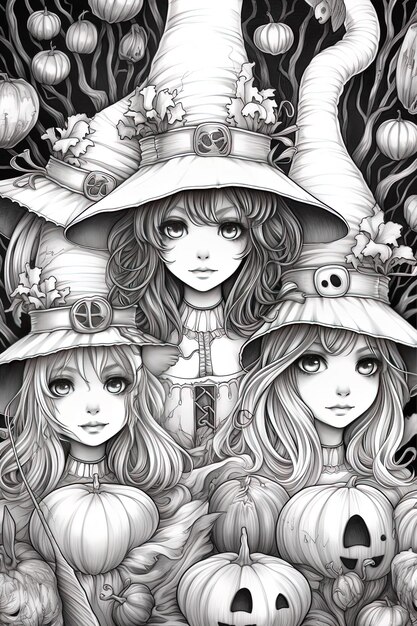 a black and white illustration of girls in hats with a pumpkin on the top