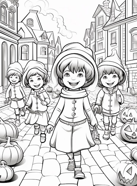 Photo a black and white illustration of a group of children walking down a street ai generative