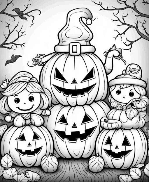 a black and white illustration of a group of halloween pumpkins generative ai