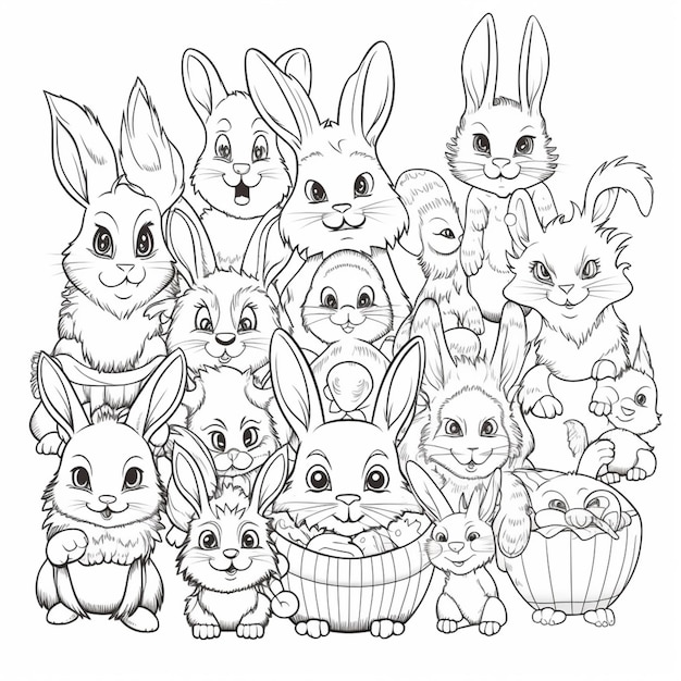 A black and white illustration of a group of rabbits and a bunny.