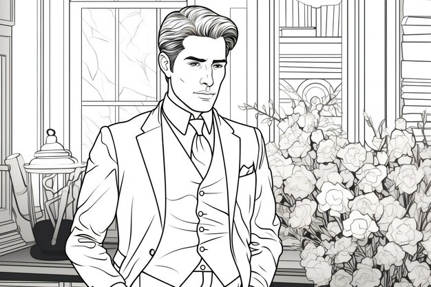 Photo black and white illustration of a handsome man in a suit standing by the window