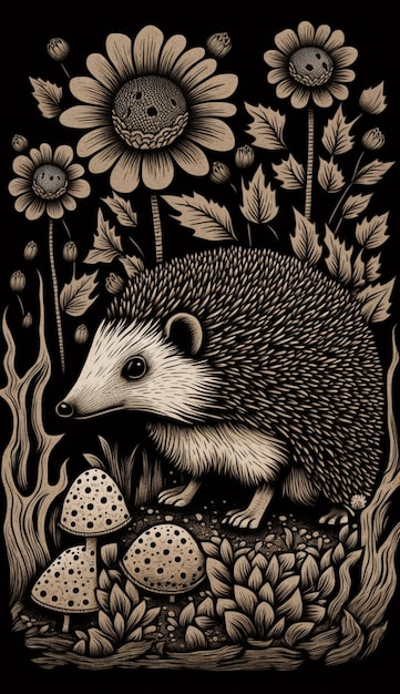 A black and white illustration of a hedgehog with mushrooms on the ground.
