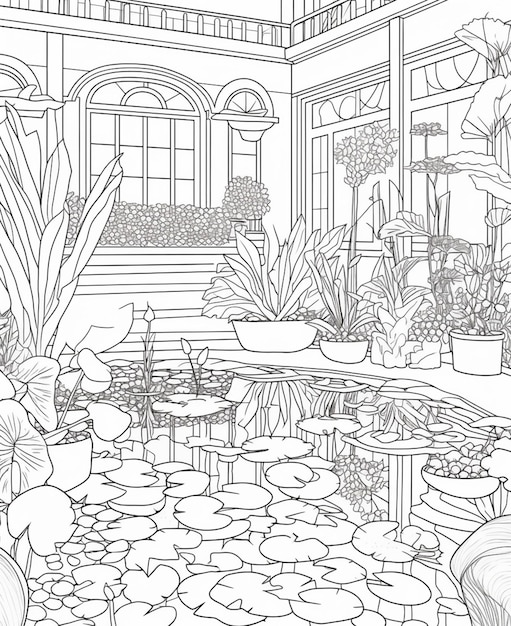 A black and white illustration of a house with a garden and plants.