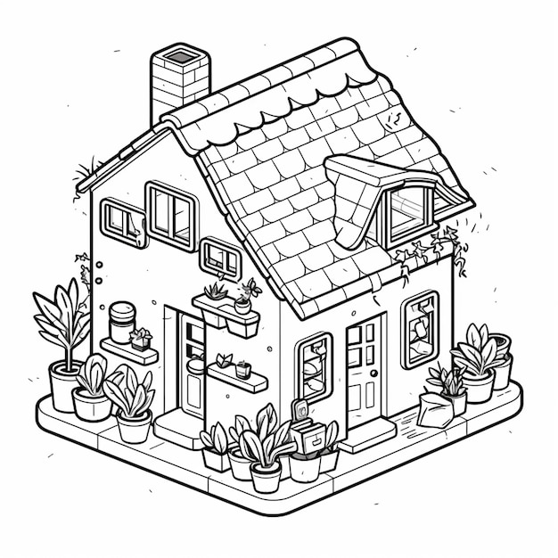 A black and white illustration of a house with plants and a cat generative ai