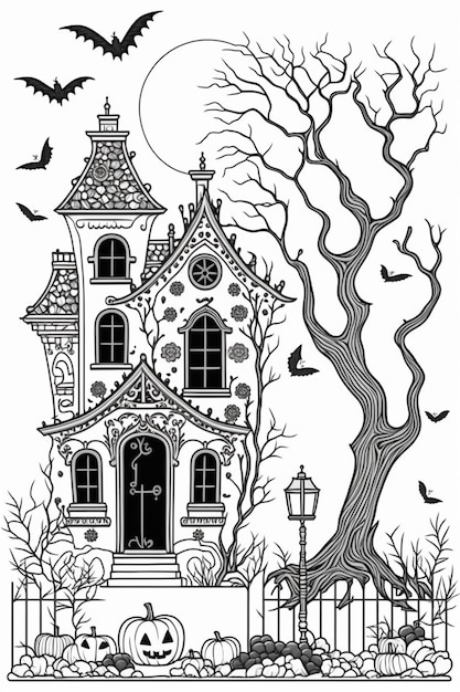 a black and white illustration of a house with a tree and a fence generative ai