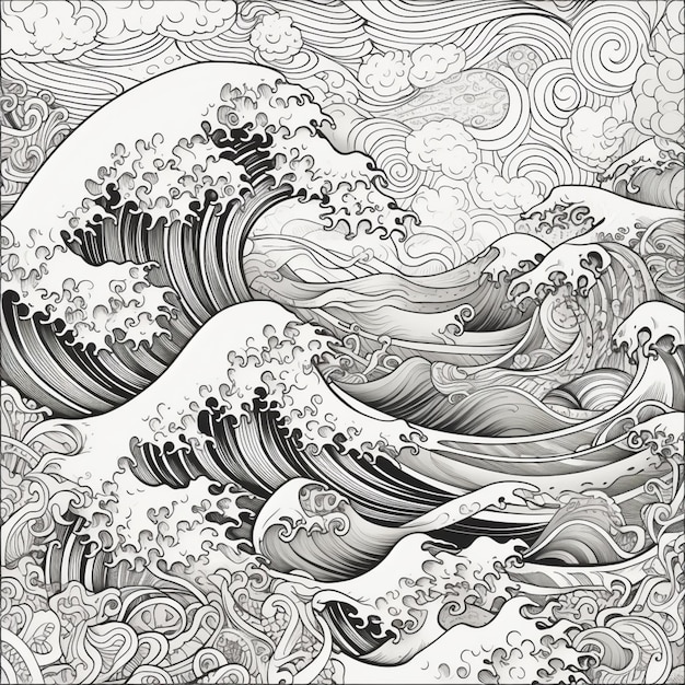 A black and white illustration of a japanese wave.