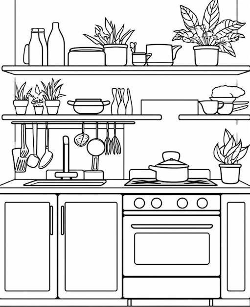 Foto un'illustrazione in bianco e nero di una cucina con piano cottura e ripiani ai generativi