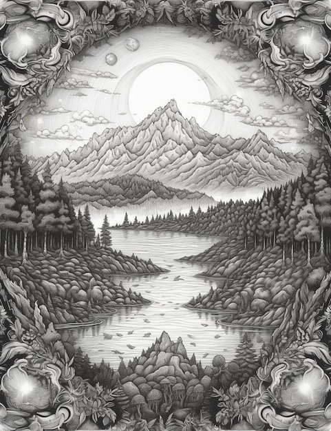 A black and white illustration of a lake with mountains and trees.