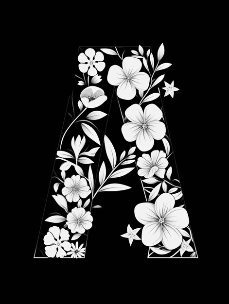 A black and white illustration of a letter with flowers and leaves generative ai