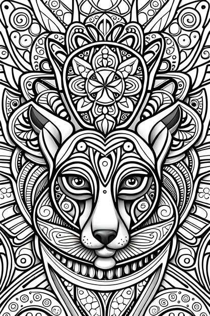 A black and white illustration of a lynx head with a floral pattern.