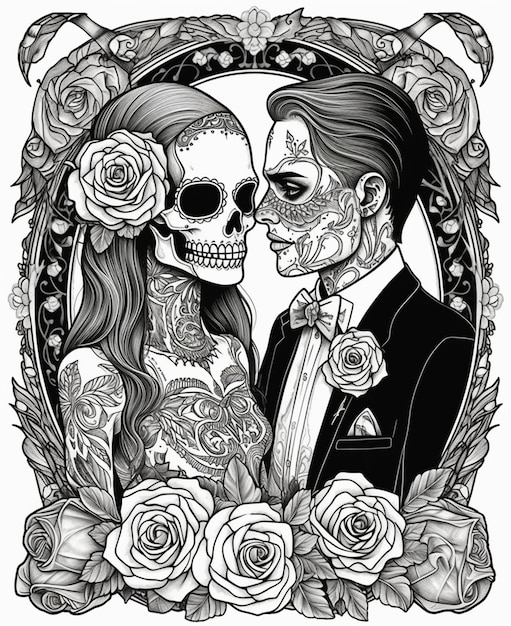 A black and white illustration of a man and woman in a floral frame.