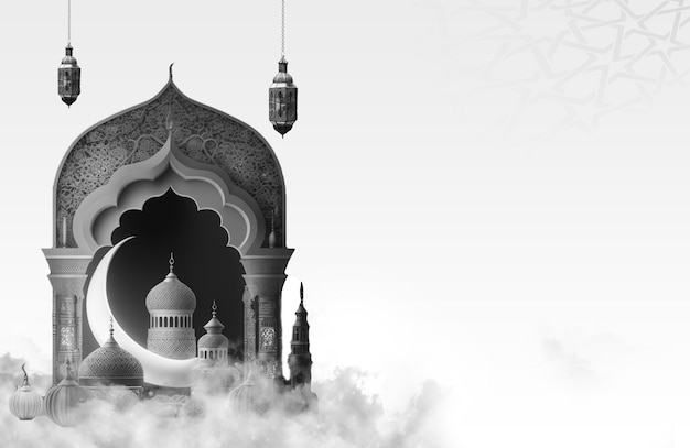 Black and white illustration of a mosque with a dome and the text ramadan Ramadan Mubarak beautiful