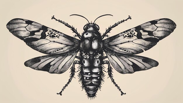 Photo a black and white illustration of a moth with intricate details the moth has its wings spread out and its antennae are raised