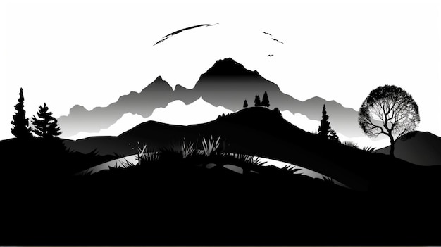 A black and white illustration of a mountain landscape with a mountain in the background.