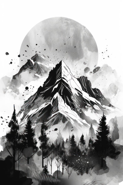 A black and white illustration of a mountain with the mountains in the background.