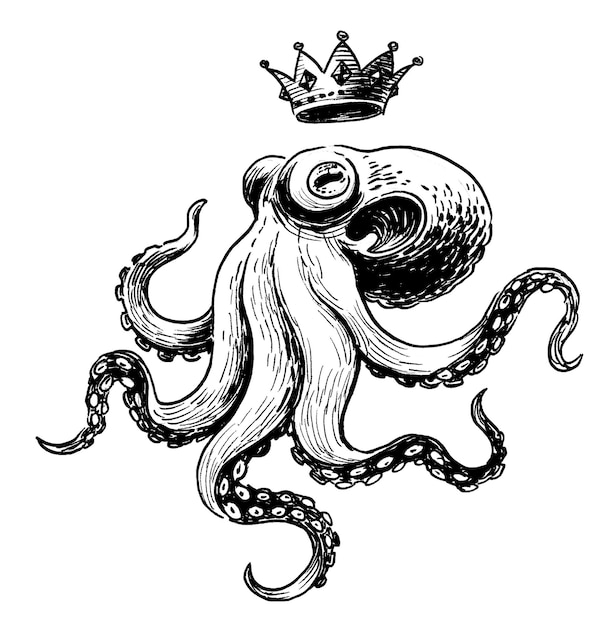 Photo a black and white illustration of a octopus with a crown on his head.