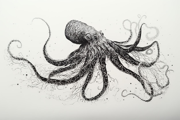 Black and white illustration of an octopus with long tentacles Generative AI