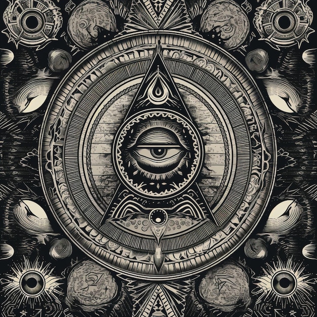 A black and white illustration of a pyramid with the eye on it.