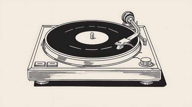 A black and white illustration of a record player The record player is in the center of the image and is surrounded by a cream background