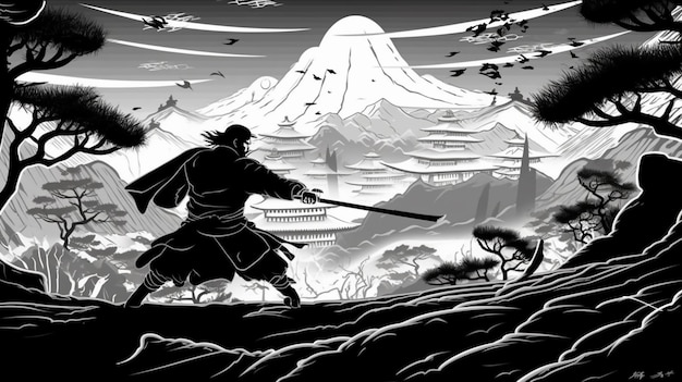 a black and white illustration of a samurai in a mountain landscape generative ai