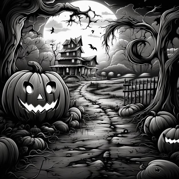A black and white illustration of a scary halloween scene with pumpkins generative ai
