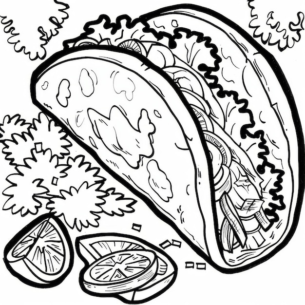 Photo black and white illustration of a single taco with lemon slices and cilantro ideal for coloring or foodthemed designs