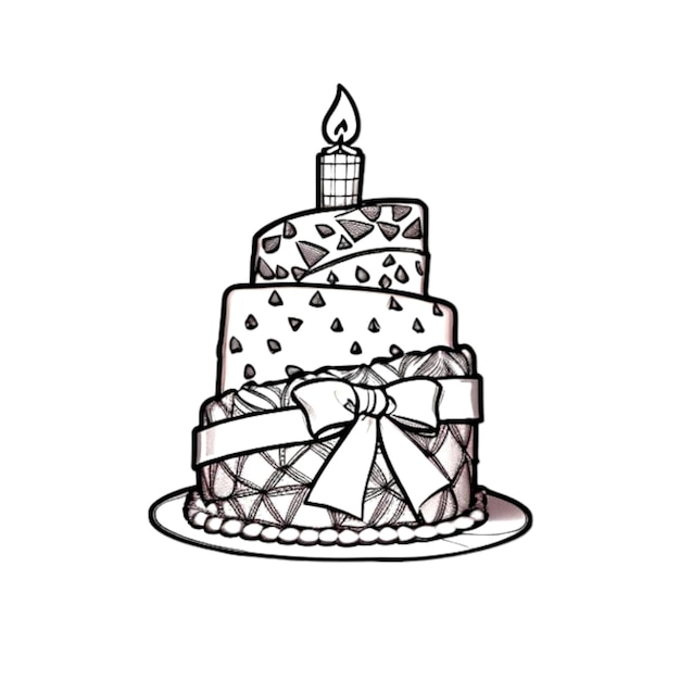 Black and white illustration sketch of a birthday cake isolated on white