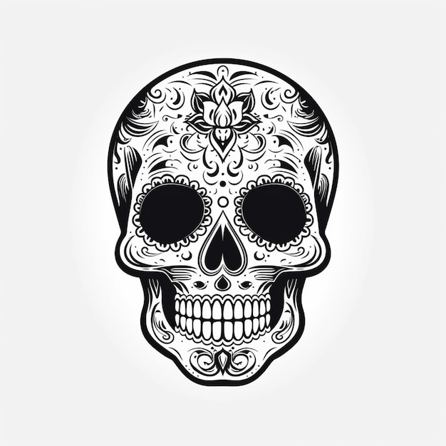 A black and white illustration of a skull with floral pattern.