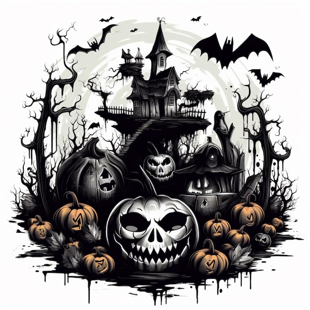 a black and white illustration of a spooky halloween scene with pumpkins and a castle generative ai