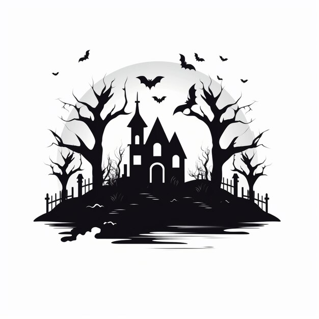 Photo a black and white illustration of a spooky house with bats flying around generative ai