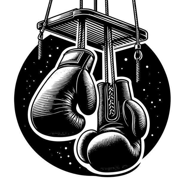 Black and white illustration of suspended Boxing Gloves