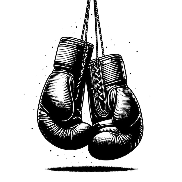 Black and white illustration of suspended Boxing Gloves