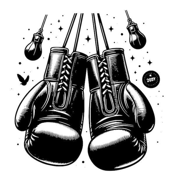 Photo black and white illustration of suspended boxing gloves