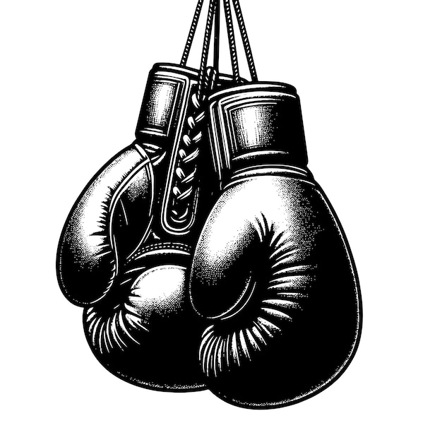 Black and white illustration of suspended Boxing Gloves