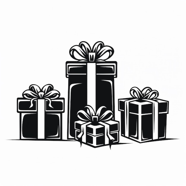 Photo a black and white illustration of three presents with bows generative ai