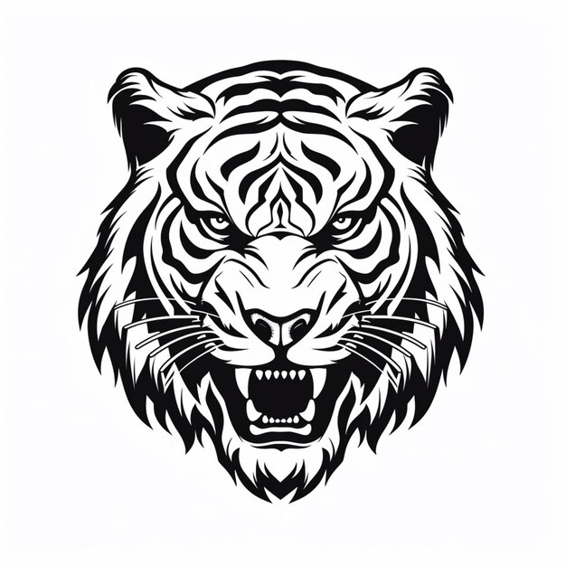 Black and white illustration of a tiger head