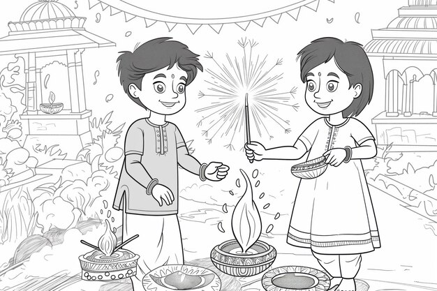 Photo black and white illustration of two children celebrating diwali by lighting fireworks and diya lamps
