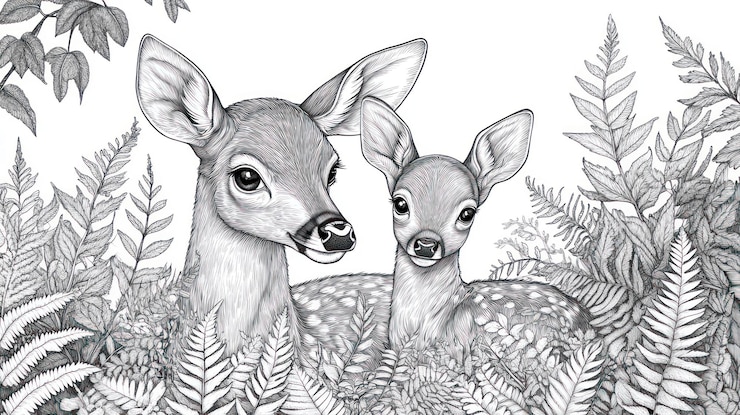 Photo black and white illustration of two deer fawns in a forested setting