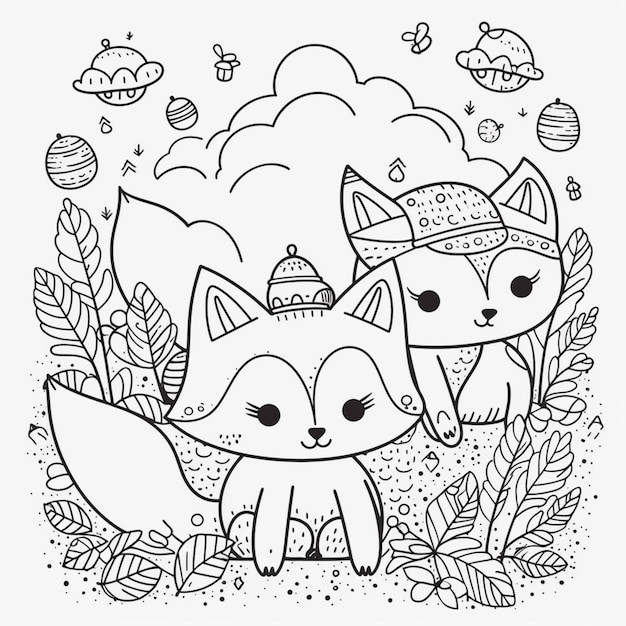 A black and white illustration of two foxes in a forest.