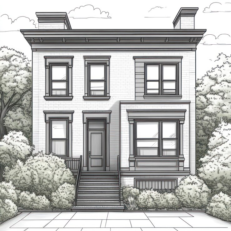 Photo a black and white illustration of a twostory house with a porch steps and windows