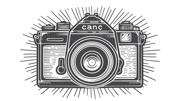 Photo a black and white illustration of a vintage camera with a strap the camera is in focus and there is a burst of light behind it