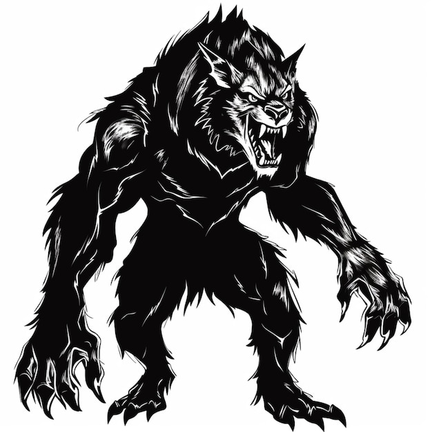 a black and white illustration of a werewolf with claws generative ai