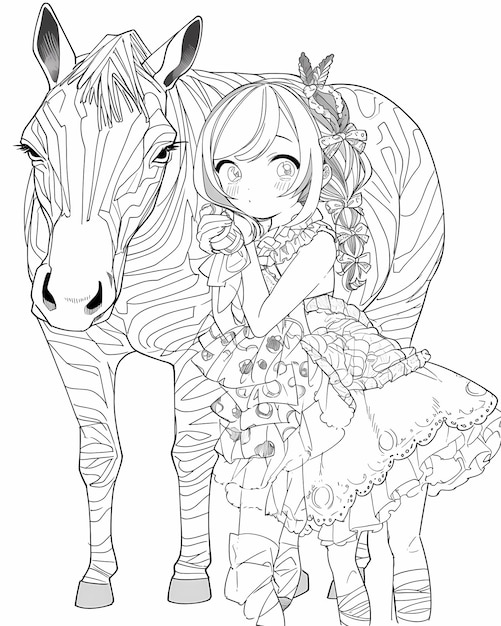 Black and white illustration white page kawaii zebra character