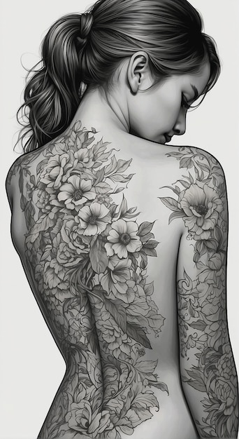 Black and white illustration of woman with floral tattoo on her back