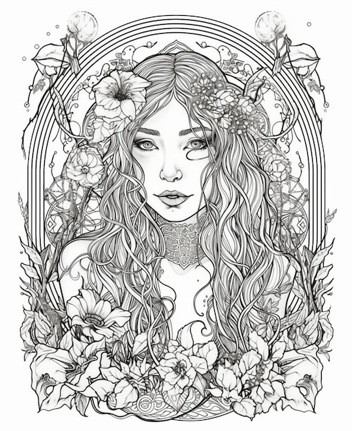 A black and white illustration of a woman with flowers around her.