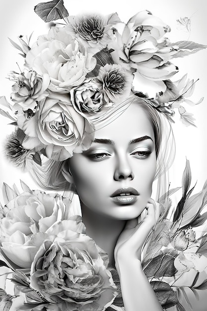 A black and white illustration of a woman with flowers on her head.