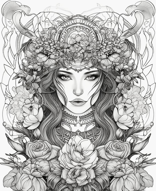 A black and white illustration of a woman with flowers on her head.