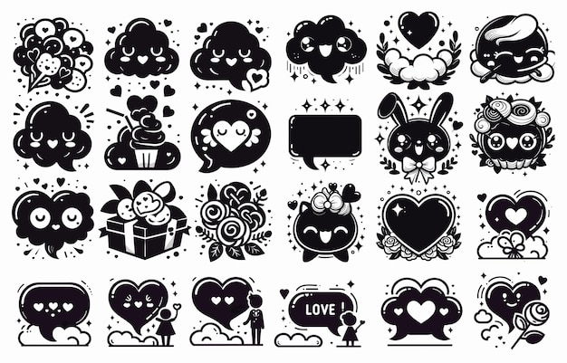 Black and white illustrations of various elements on the theme of St Valentine Generative AI